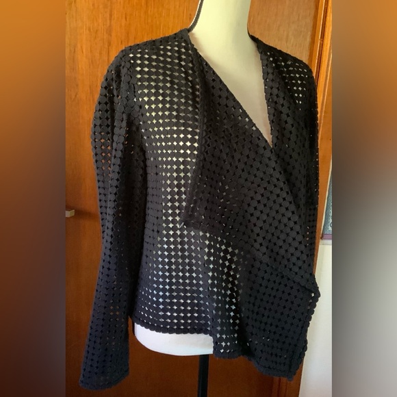 $298 ELIE TAHARI M Black Harla Perforated Cascade Jacket Sheer Spring Open Knit - Picture 13 of 14